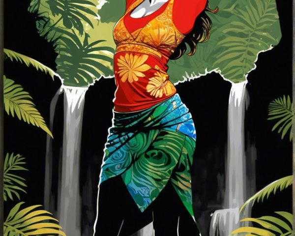 Silhouette of Woman Amidst Tropical Foliage and Waterfalls