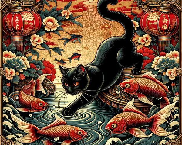 Black Cat Above Water with Goldfish and Floral Patterns