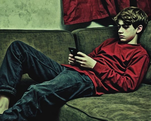 Young boy on couch using smartphone in moody setting