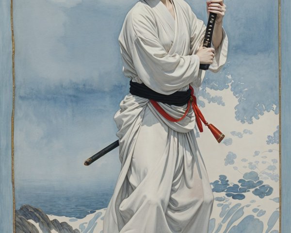 Lone Warrior in White Robes on Rocky Outcrop
