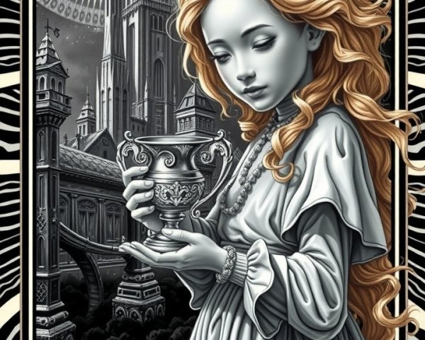 Ethereal Figure with Cup in Gothic Architecture Setting