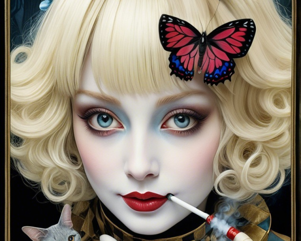 Surreal Portrait of a Woman with Blue Eyes and Butterfly