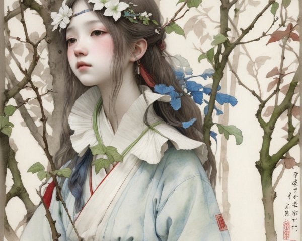 Serene Portrait of a Young Woman with Floral Accents