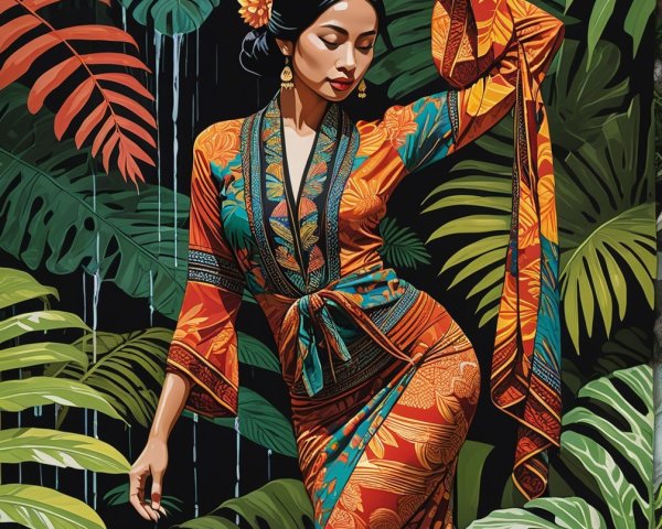 Woman in Floral Outfit Amid Tropical Foliage