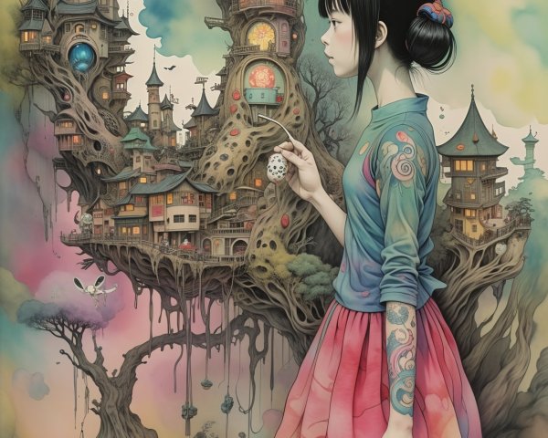 Young girl by whimsical treehouse village in pastels