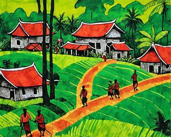 Tranquil Rural Landscape with Traditional Houses and Rice Fields