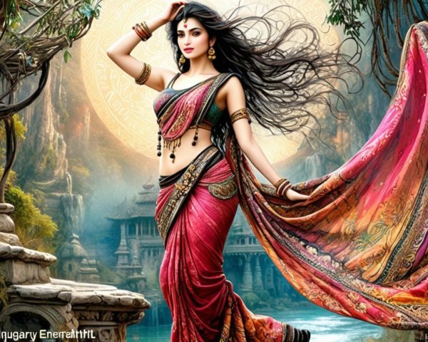 Elegant Woman in Red and Gold Sari in Mystical Landscape