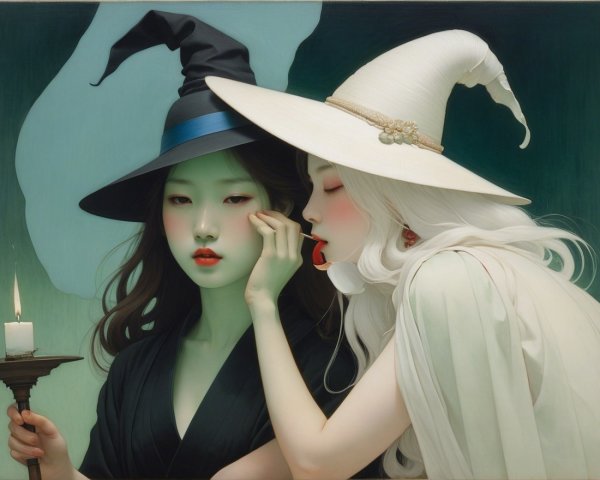 Elegantly Dressed Figures in a Mystical Setting