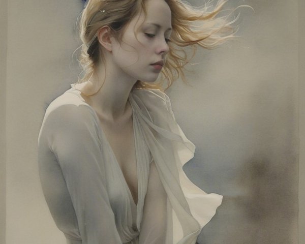 Watercolor Painting of a Thoughtful Young Woman