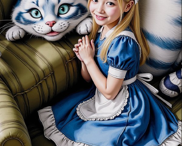 Whimsical Scene of Girl and Playful Striped Cat