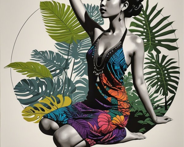 Woman in Floral Dress Surrounded by Tropical Foliage