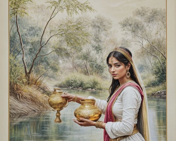 Serene Landscape with Woman by Calm River and Pots