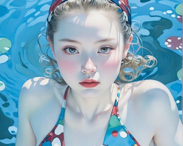 Young woman in floral swimsuit in vibrant blue pool