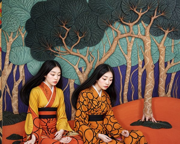 Traditional Kimonos in Whimsical Landscape Art