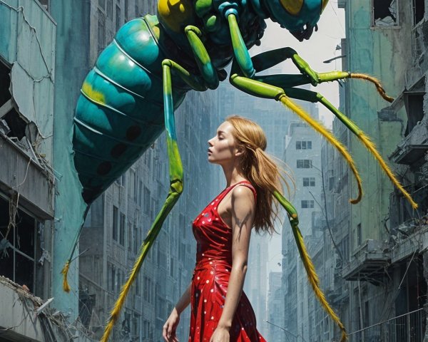 Post-Apocalyptic City with Woman and Colorful Bee