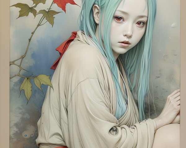 Young Woman with Blue Hair in Beige Kimono and Leaves