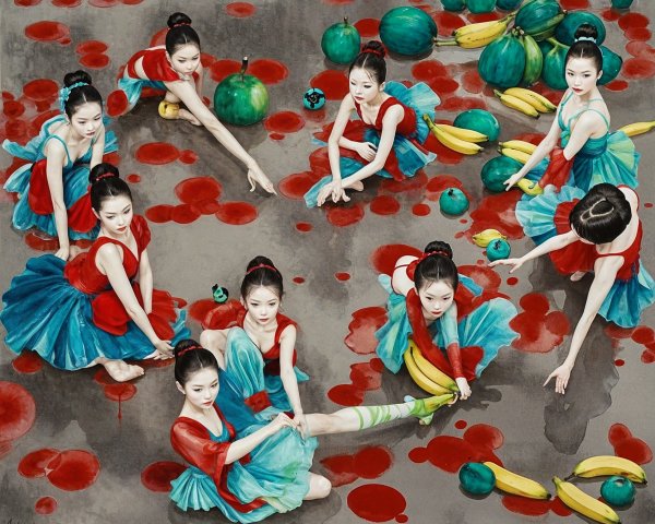 Ballerinas in Colorful Tutus Amid Surreal Fruit Scene