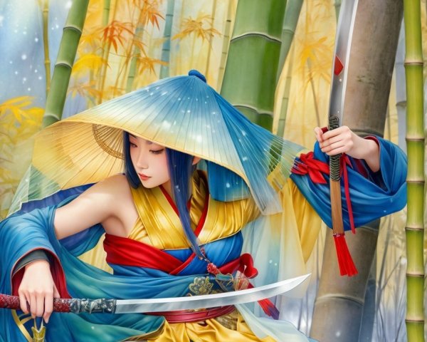 Warrior woman in kimono among glowing bamboo stalks