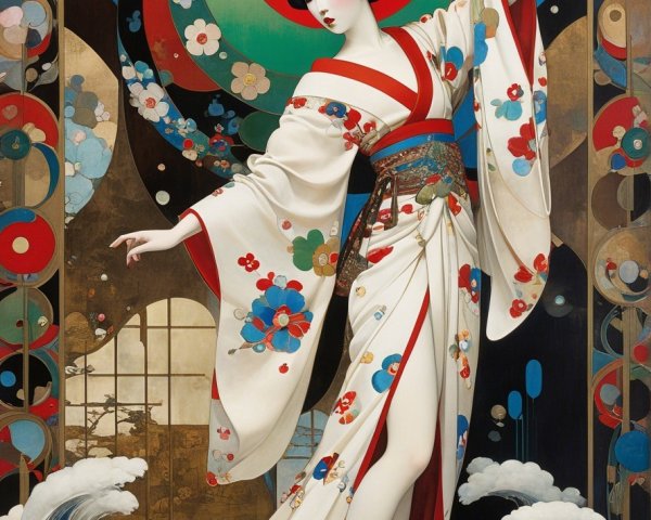 Digital Painting of a Courtesan in Floral Kimono