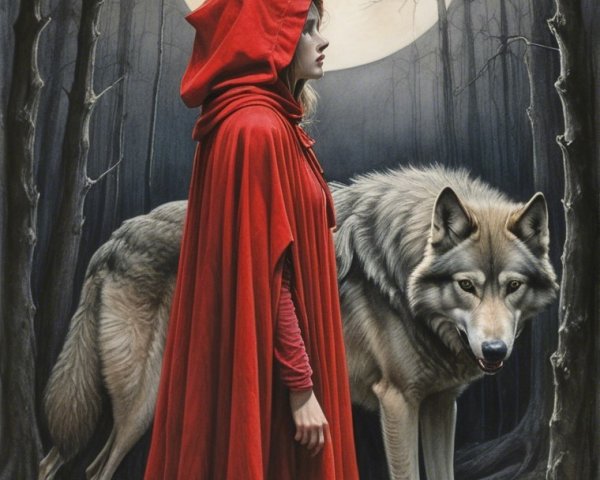 Girl in Red Cloak and Wolf Under Full Moon in Forest