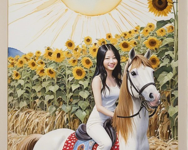Young Woman on White Horse in Sunflower Field