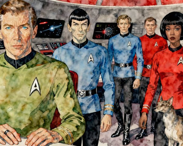 Watercolor depiction of Star Trek cast in spaceship