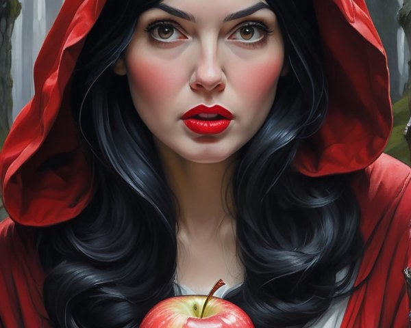 Woman in red cloak holding apple in enchanted forest
