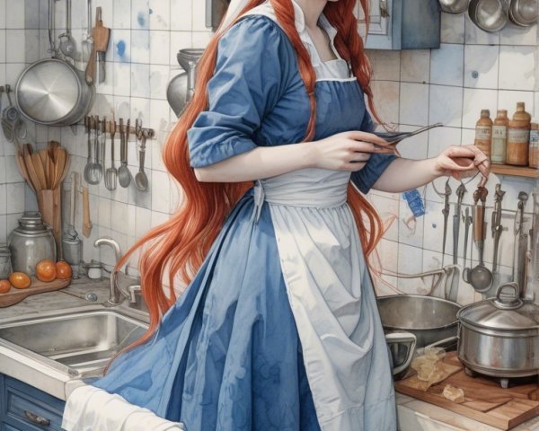 Cozy Kitchen Scene with Young Woman Cooking