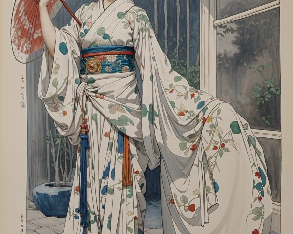 Detailed Illustration of Young East Asian Girl in Kimono