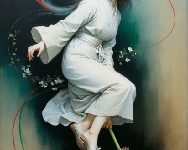 Serene Young Woman in Kimono Riding a Broomstick