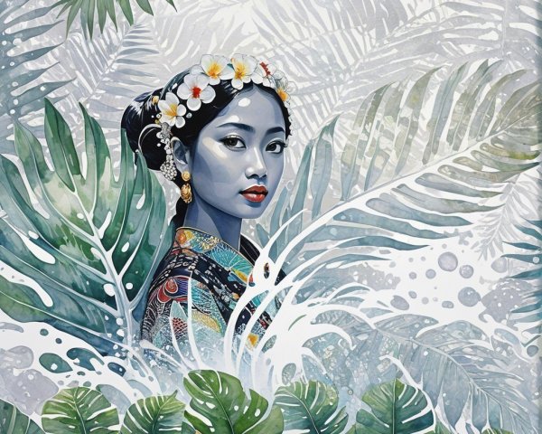 Serene Young Woman Surrounded by Tropical Foliage