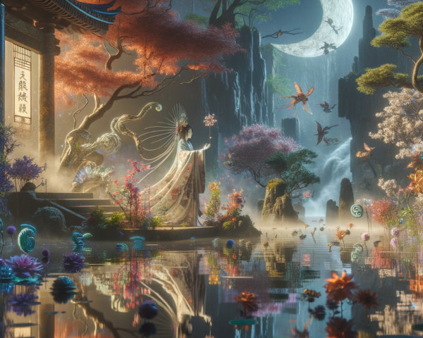 Serene Dreamlike Landscape with Ornate Structure