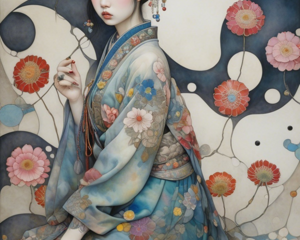 Serene figure in kimono among vibrant flowers