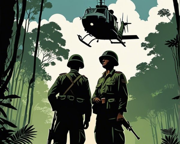 Soldiers in Jungle with Helicopter Overhead