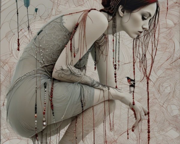 Serene Woman with Tattoos and Bird in Abstract Setting