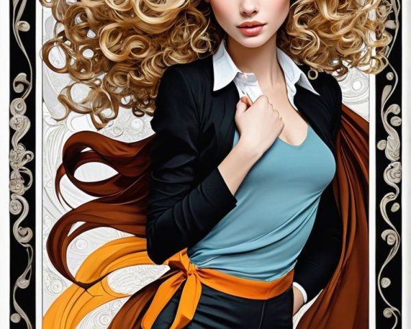 Portrait of a Woman with Curly Blonde Hair and Flower