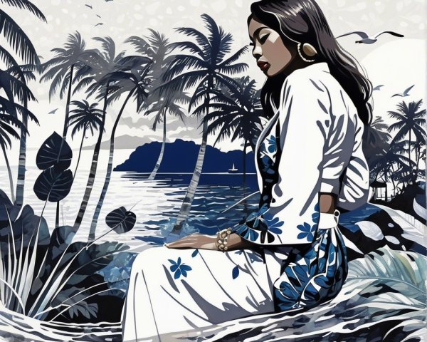 Serene Coastal Scene with Woman in Floral Garment