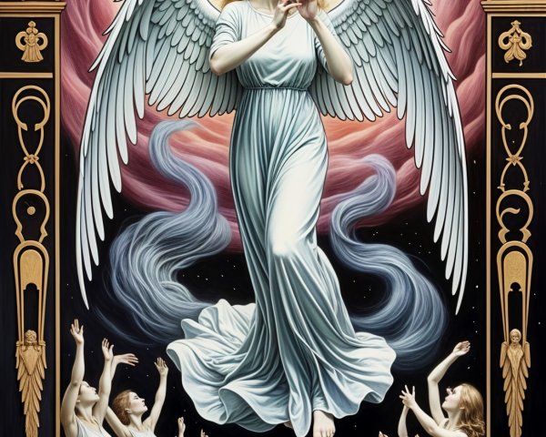 Majestic angel above ethereal figures in cosmic setting