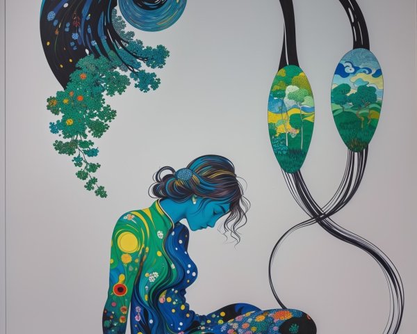 Abstract Woman in Meditative Pose with Nature Elements