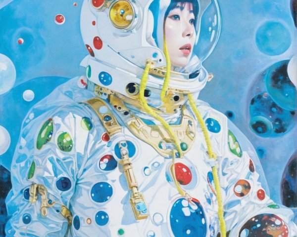 Vibrant Figure in Bubble-Patterned Space Suit Against Cosmos