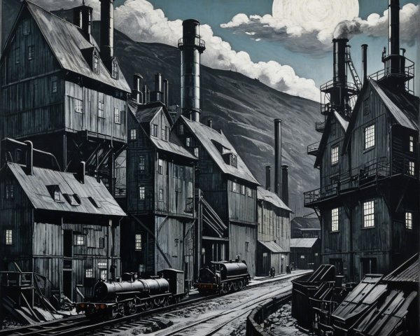 Industrial Scene with Smoke Stacks and Moonlit Sky