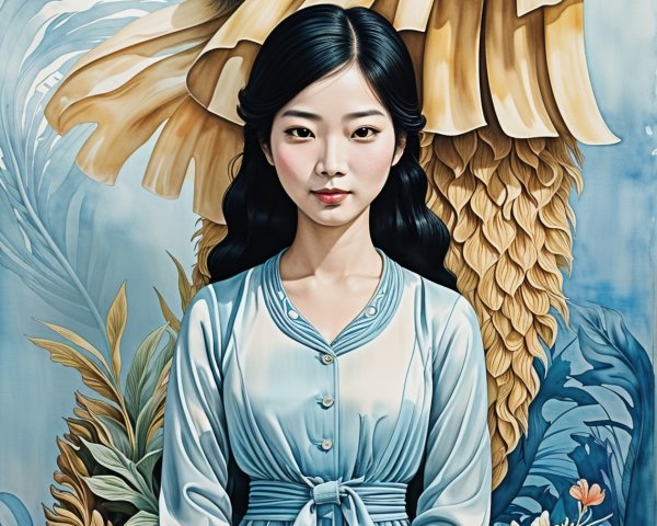 Woman in Blue Blouse with Lion Artwork Background