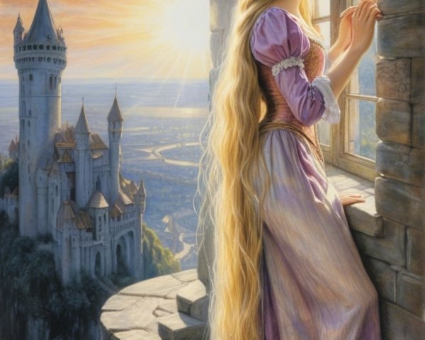 Princess by Castle Window at Sunset with Lavender Gown