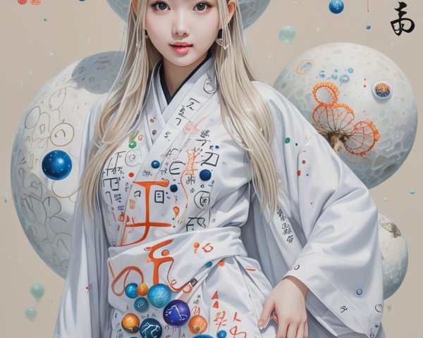 Young Woman in White Kimono with Decorative Orbs