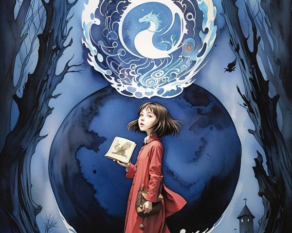 Young girl in red coat in mystical moonlit landscape