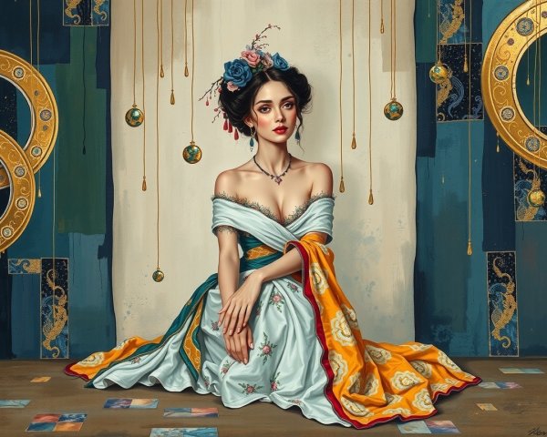 Elegant Woman in Floral Gown with Artistic Background