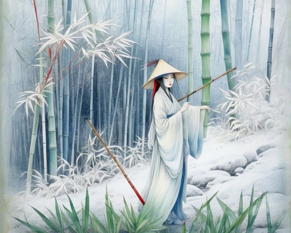 Traditional figure in misty bamboo grove scene
