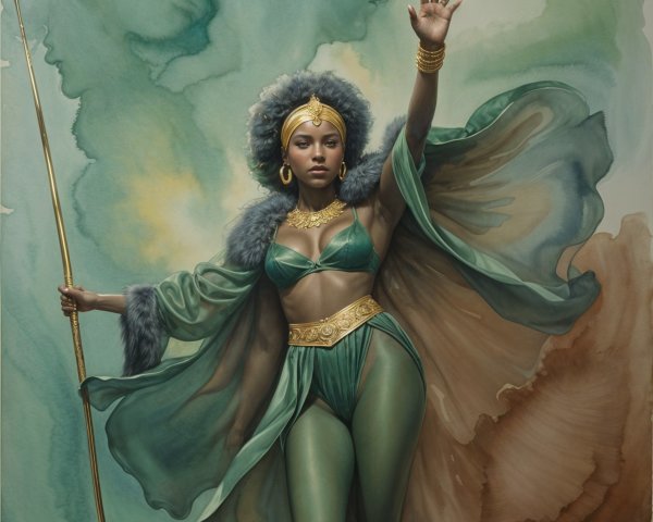 Watercolor Fantasy Art of an African Goddess in Cloak
