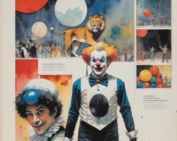 Vibrant Circus Scene with Clown and Colorful Balloons
