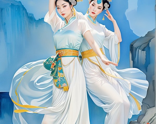 Elegant Women in Traditional Chinese Attire in Landscape